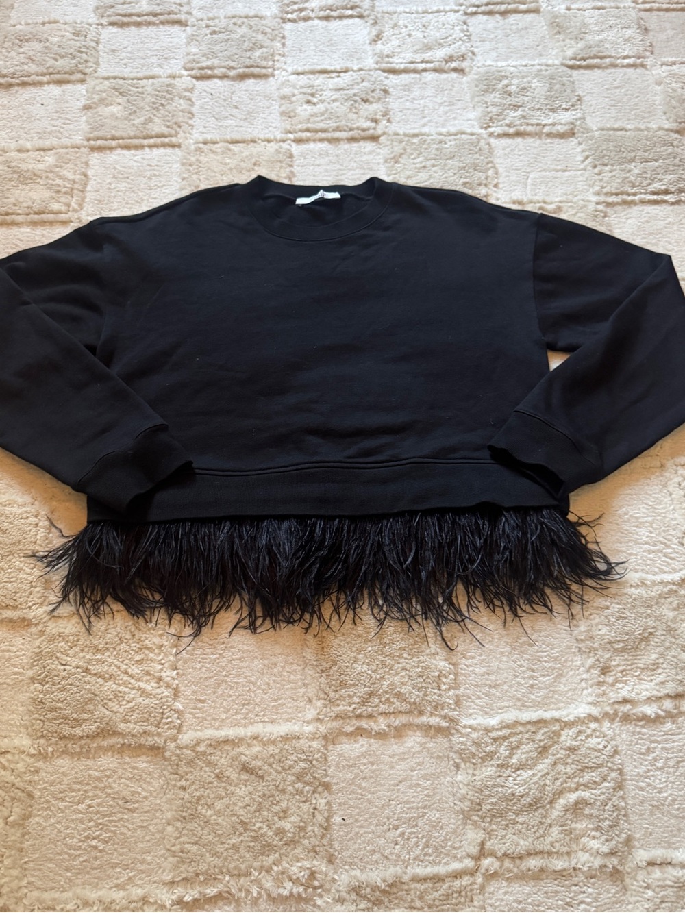 Derek Lam 10 Crosby Feather Trim Cropped Sweatshirt Black Size S